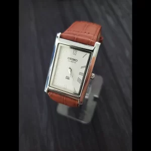 Rare Nos Seiko Men Tank Rectangular Gorgeous White Dial Brown Band Dress Watch
