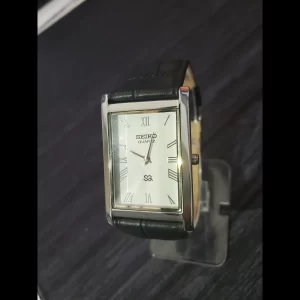 Rare Seiko Men Silver Tank White Dial Black Leather Band Dress Watch