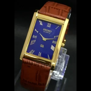 Rare Nos Seiko Men's Rectangular Tank Gorgeous Gold Case Blue Dial Dress Watch