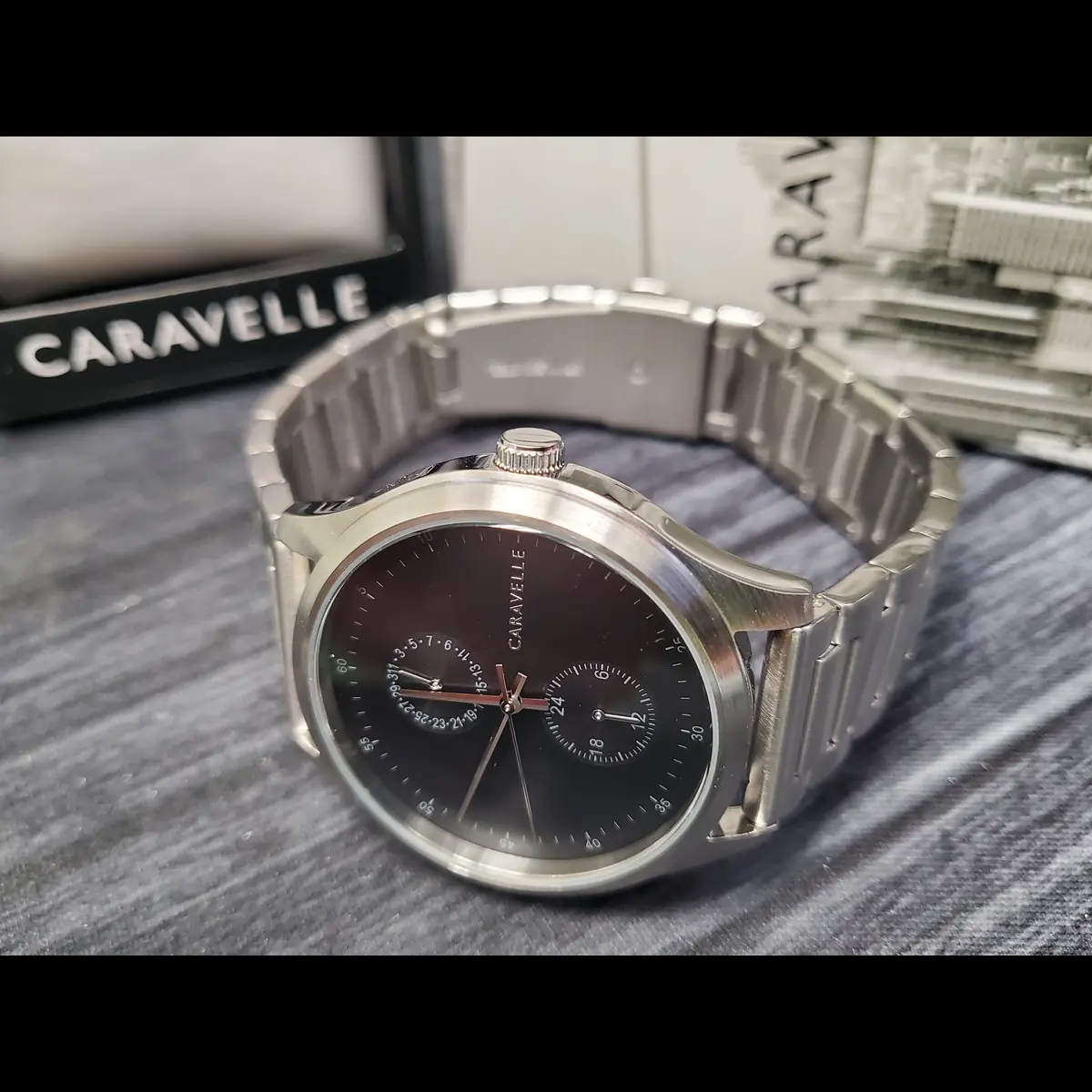 Rare Caravelle By Bulova Men's Chrono Multi Complications Tuxedo Black Dial NIB - Image 3