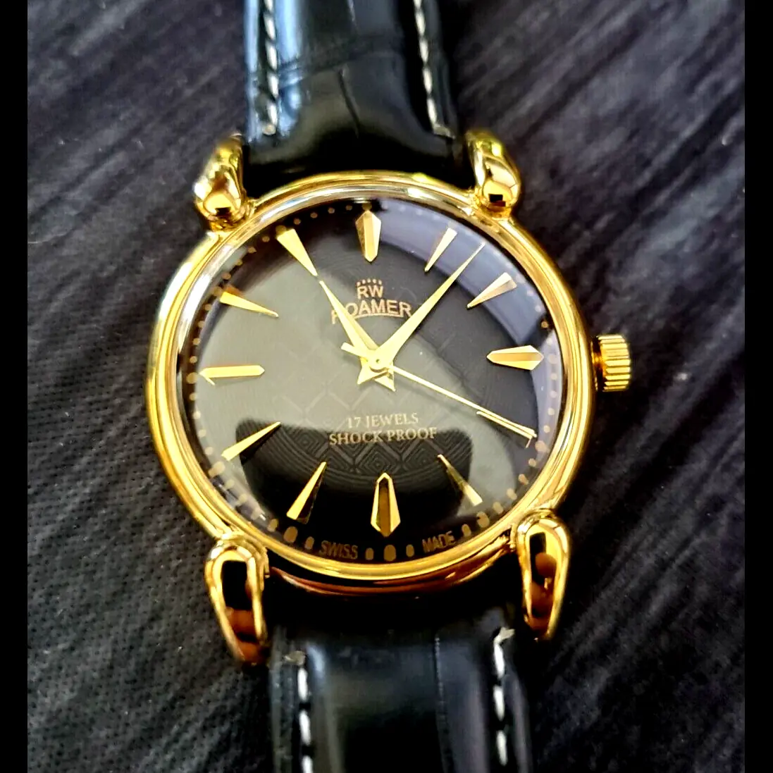 Vintage Roamer Shock Proof Hand Wind Swiss Watch Restored Serviced Gld-Blk-Blk