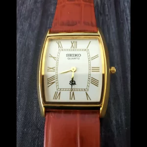 Rare Mens Gold Barrel Tank White Roman Dial Brown Leather Watch New Mvt & Batt