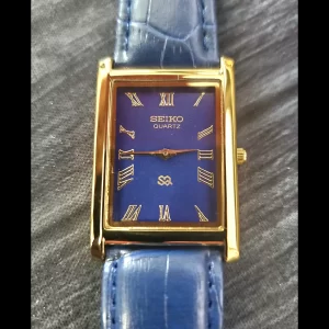 Nos Men's Gold Tank Rectangular Blue Dial Blue Leather New Mvt Batt