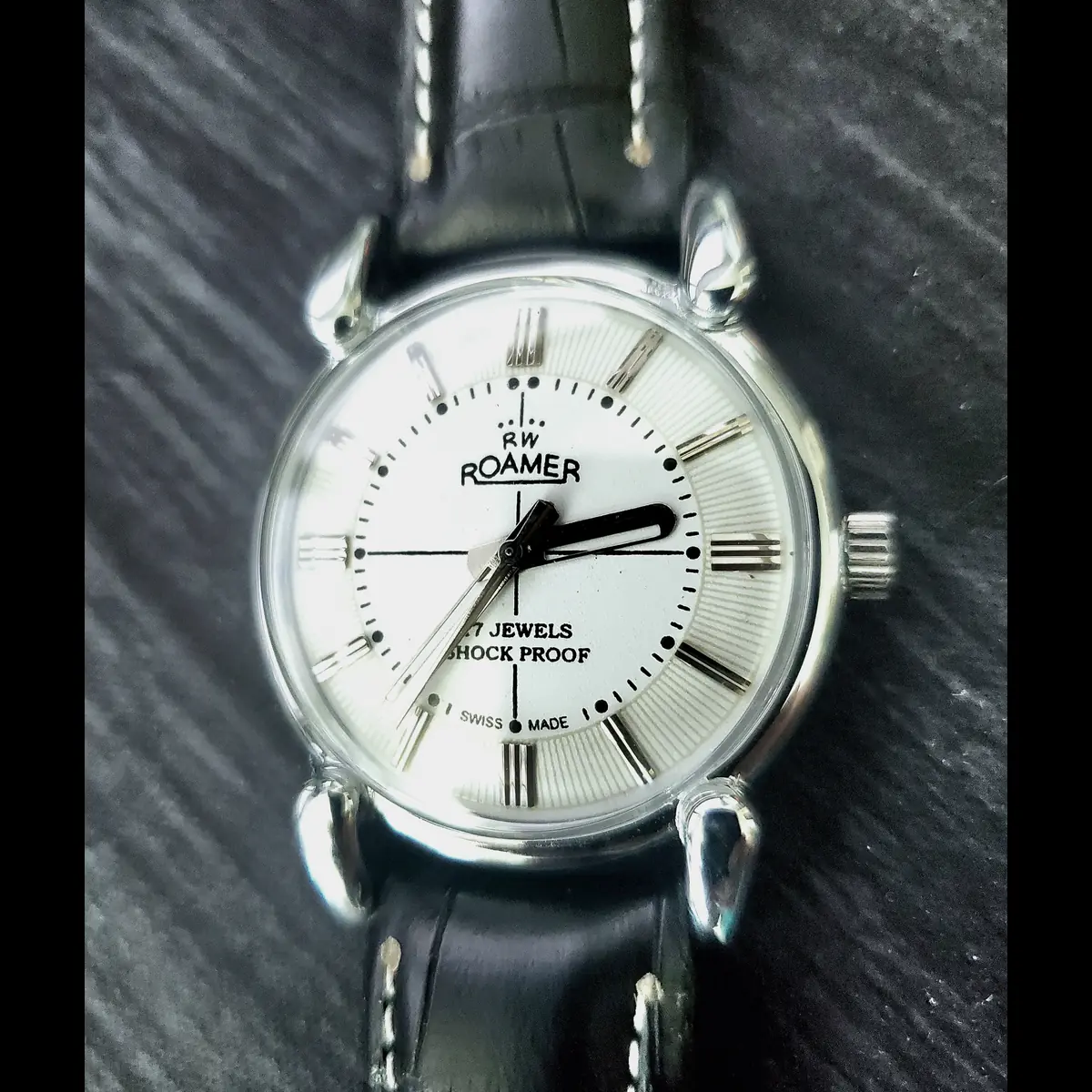 Rare Roamer Brevete Swiss Mens Manual Watch Slv Wht Serviced