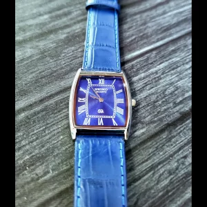 Rare Mens Silver Barrel Tank Blue Dial Blue Strap Dress Watch