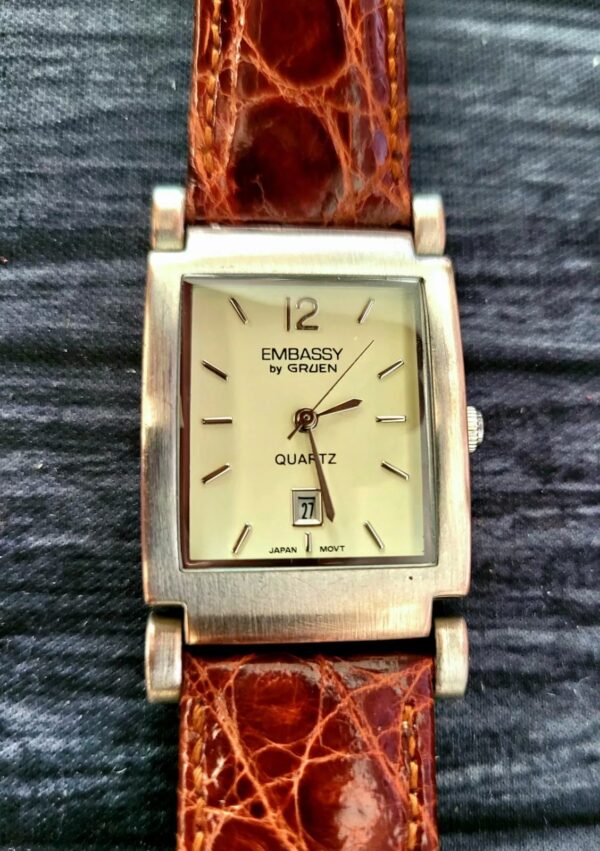 Rare Hinged Lug Embassy Gruen Vintage Men's Tank Dress Watch