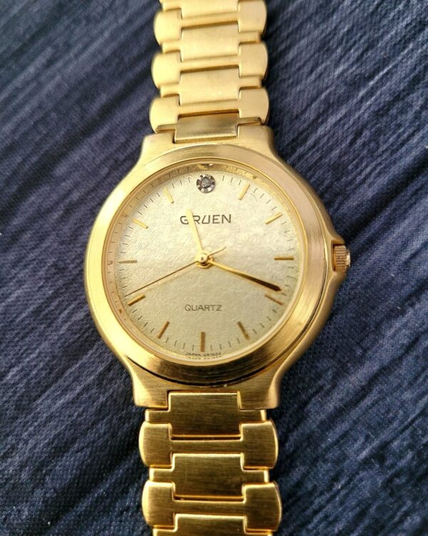 Exquisite Rare Retro Vintage Gruen Diamond Gold Lead Dial Men's Watch