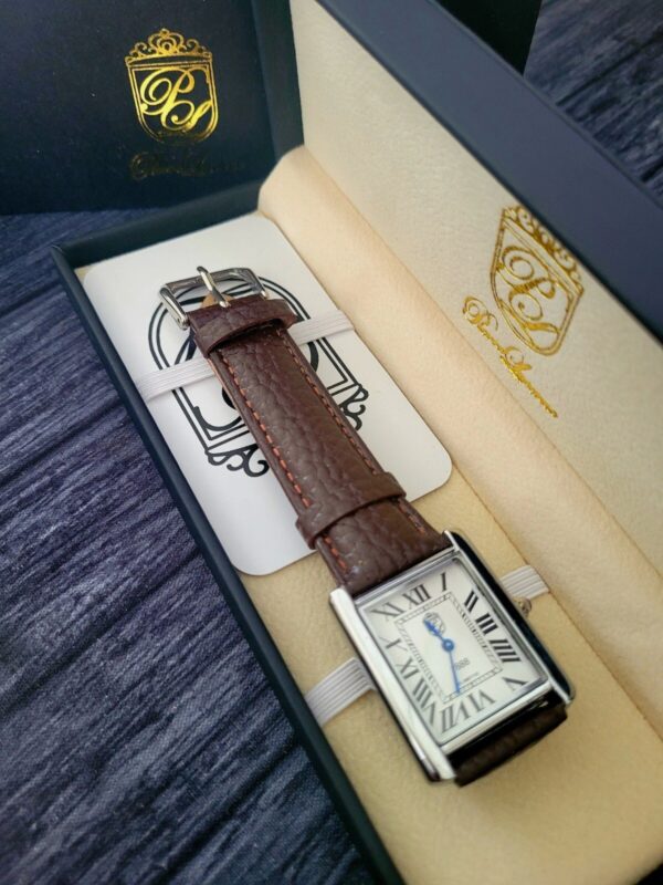 Pierre Lucerne Classic Mens Tank White Dial Brown Leather band Watch With Box