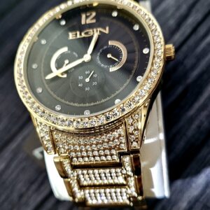 Elgin Men's Gold Gem Paved Black Dial Watch VD75 NEW in Box