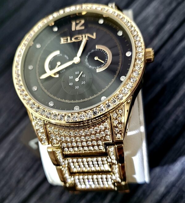 Elgin Men's Gold Gem Paved Black Dial Watch VD75 NEW in Box
