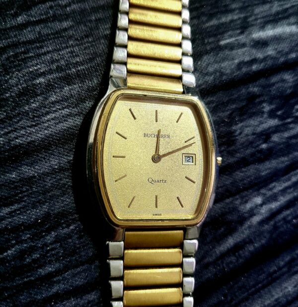 Vintage Bucherer Gold Dust Dial Mens Swiss Tank Date Watch