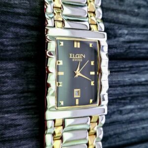 Very Rare Vintage Elgin Swiss 2 Tone Mens Retro Tank Watch