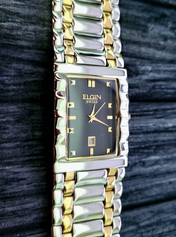 Very Rare Vintage Elgin Swiss 2 Tone Mens Retro Tank Watch