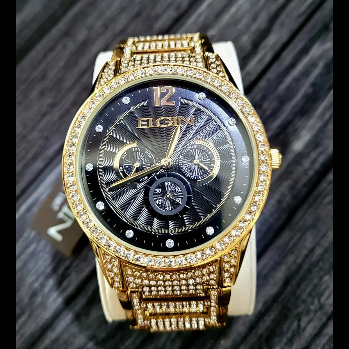 Elgin Men's Gold Gem Paved Black Dial Watch Vd75 New In Box