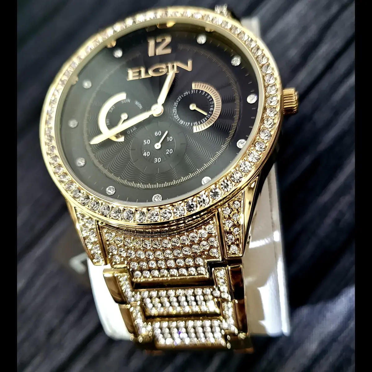 Elgin Men's Gold Gem Paved Black Dial Watch Vd75 New In Box - Image 3