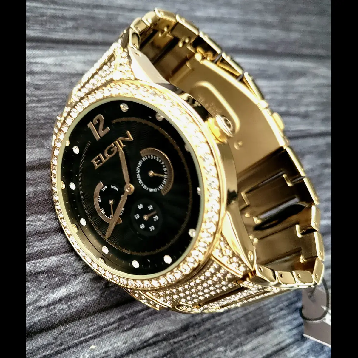 Elgin Men's Gold Gem Paved Black Dial Watch Vd75 New In Box - Image 2