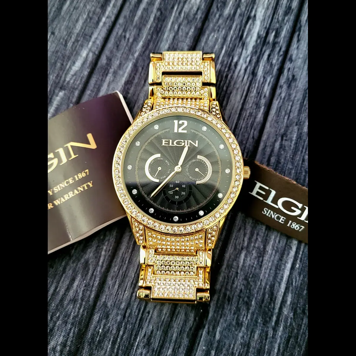 Elgin Men's Gold Gem Paved Black Dial Watch Vd75 New In Box - Image 4