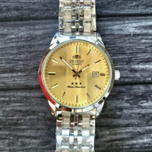 Vintage Japan Orient 3 Star Mens Silver Watch Gold Dial