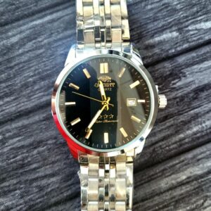 Vintage Japan Orient 3 Star Mens Silver Watch Black Dial