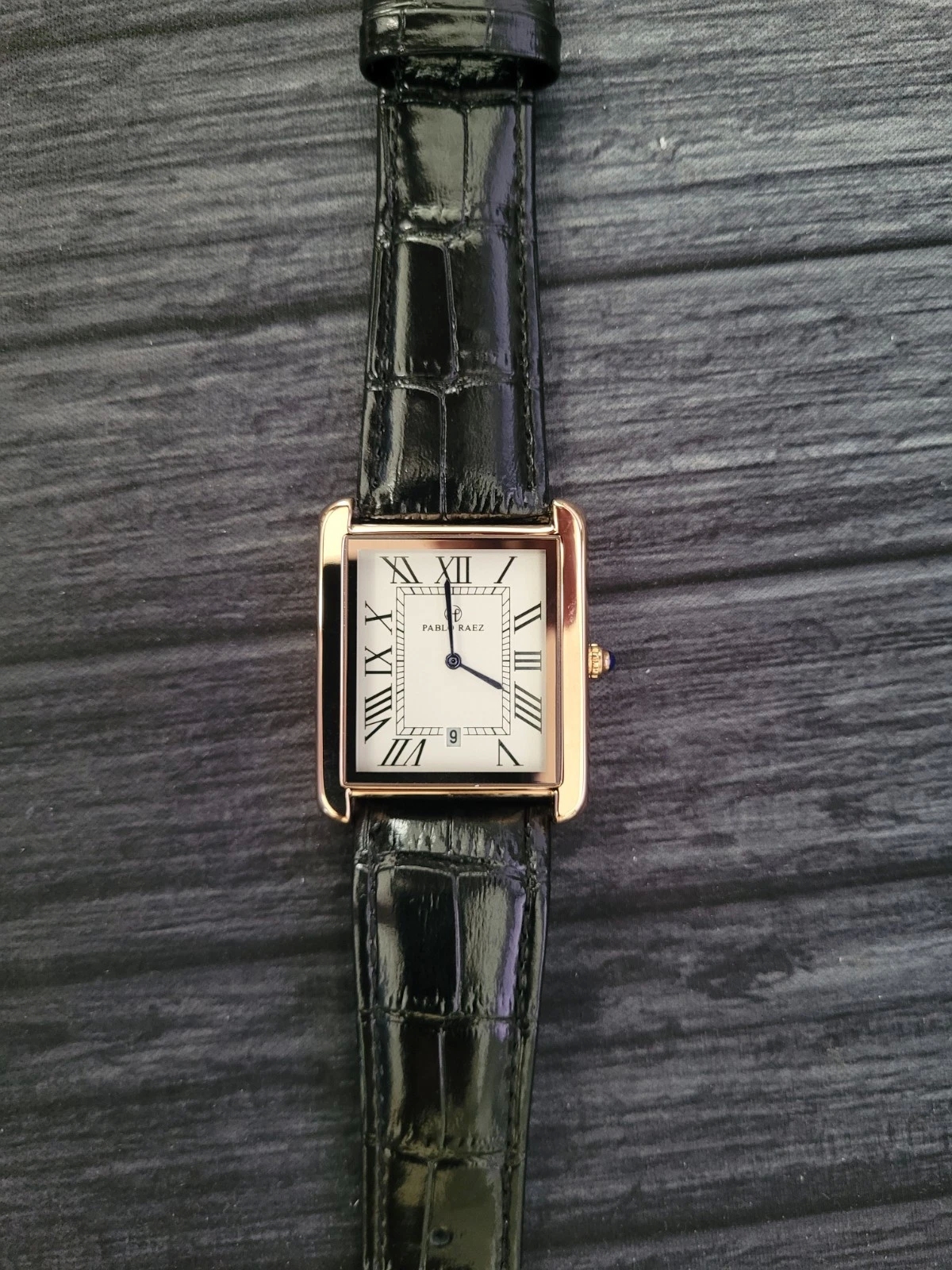 Pablo Raez 40mm Mans Size Tank Swiss Style Watch Rose Gold Stylish Black Band