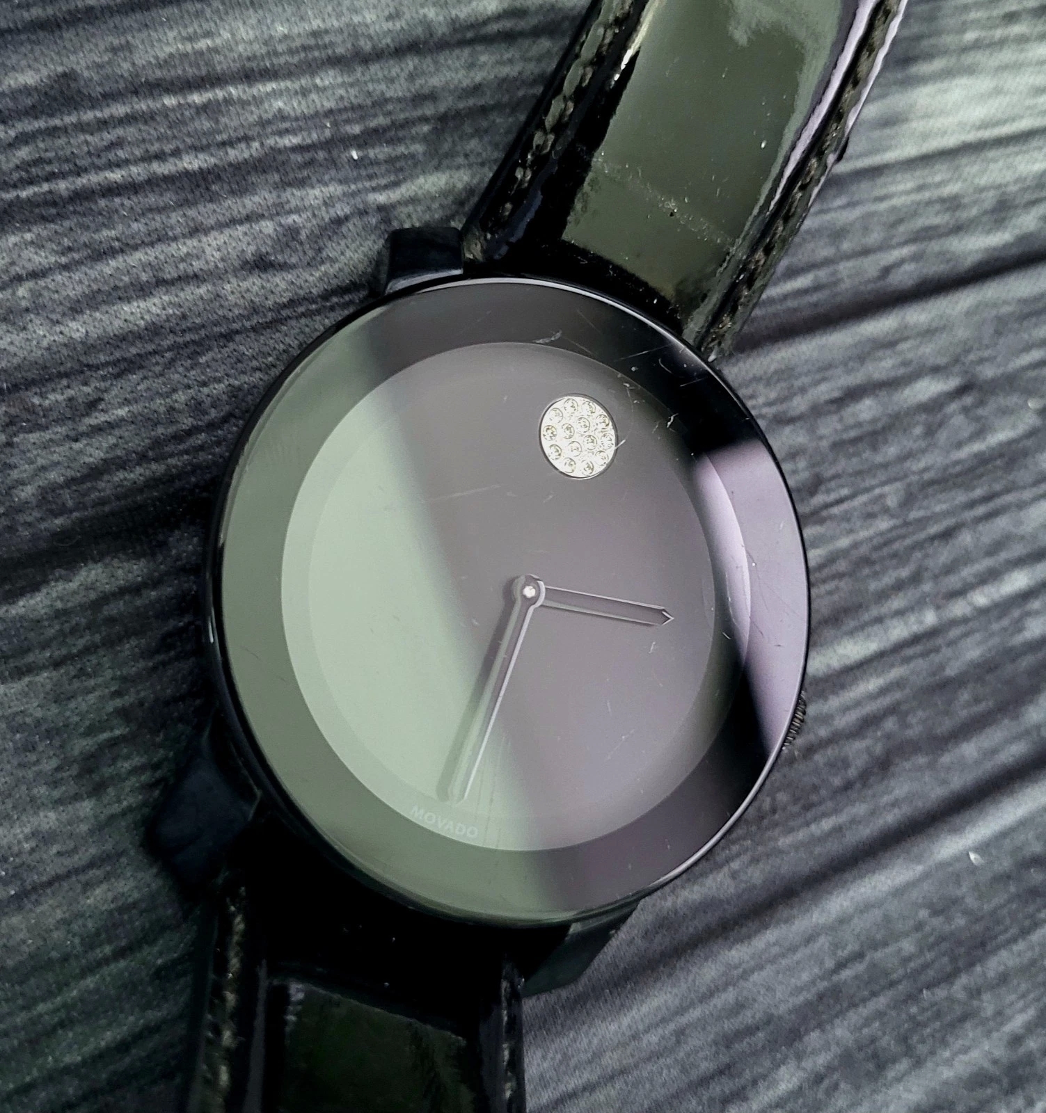 Rare Model Movado Bold Mens Patent Leather Black Dial Watch