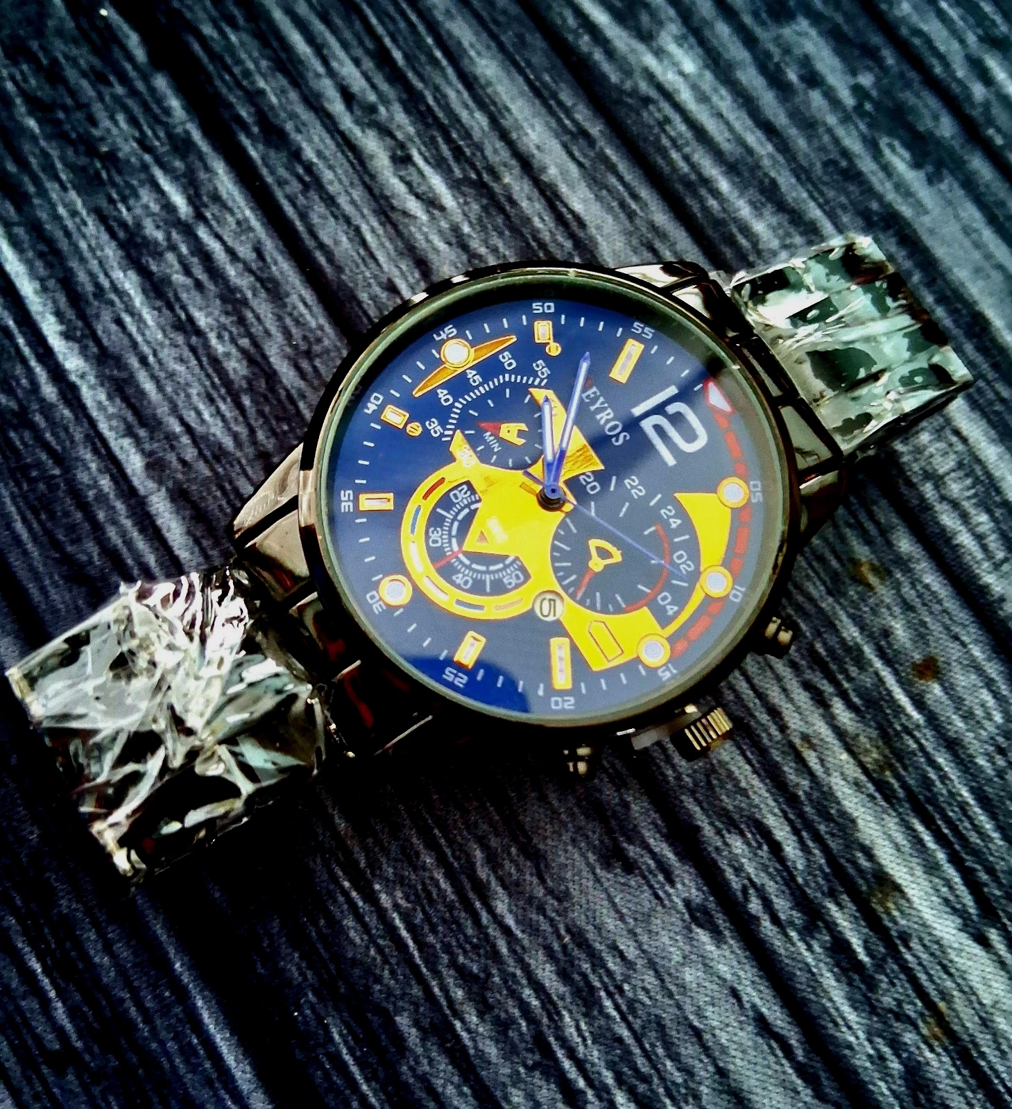 Rare Vintage Eyros Arcade Dial Chronograph New Old Stock