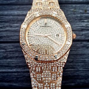 Rare Paved Gem Encrusted Rose Gold Ap Style Mans Dress Watch