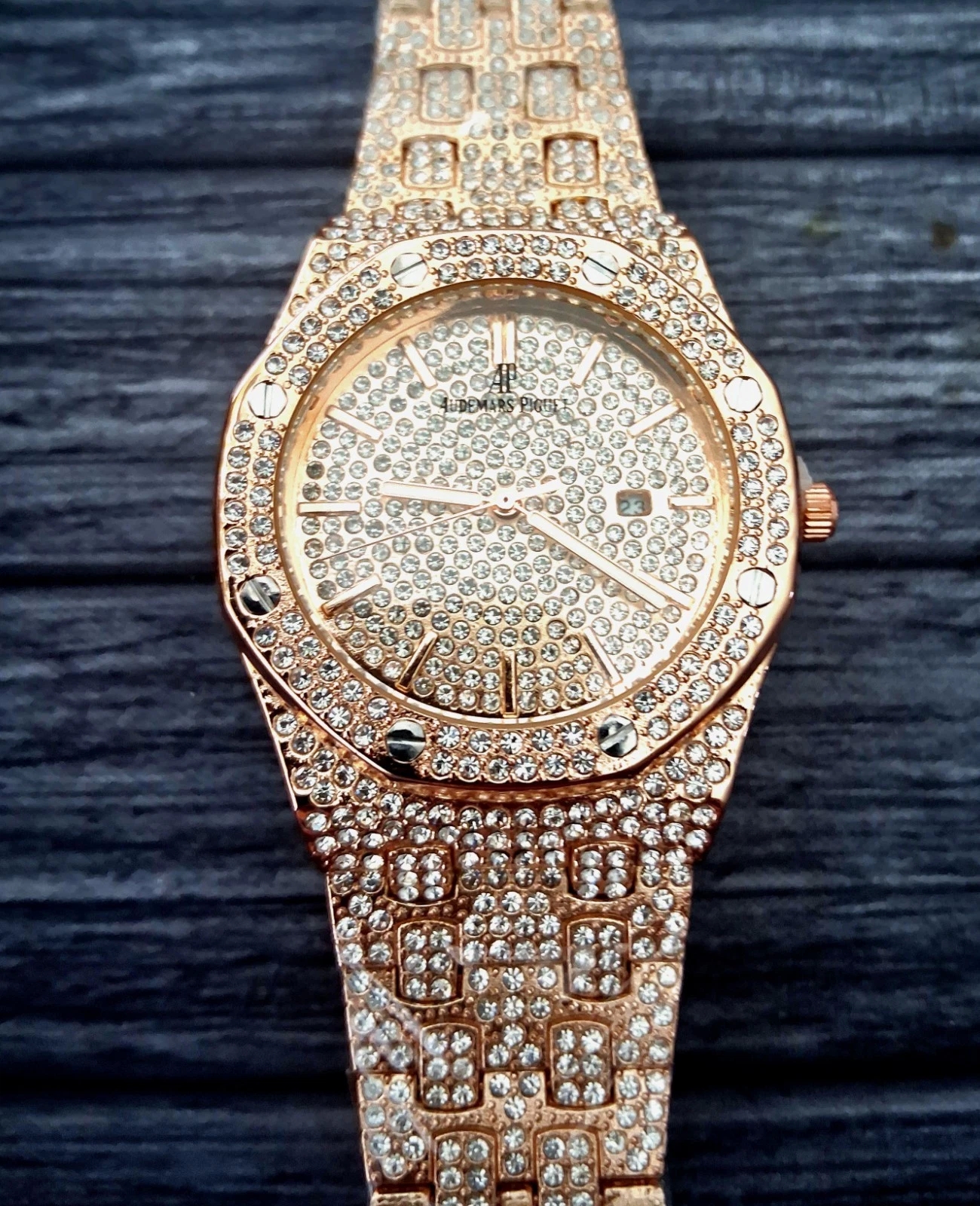 Rare Paved Gem Encrusted Rose Gold Ap Style Mans Dress Watch