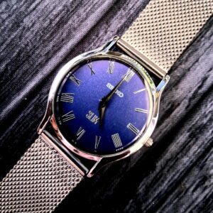 Rare Vintage Seíko Round Slim Roman Blue Dial Slv Mens Watch