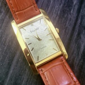 Rare Mens Stauer Gold Leaf Dial Tank Leather Dress Watch