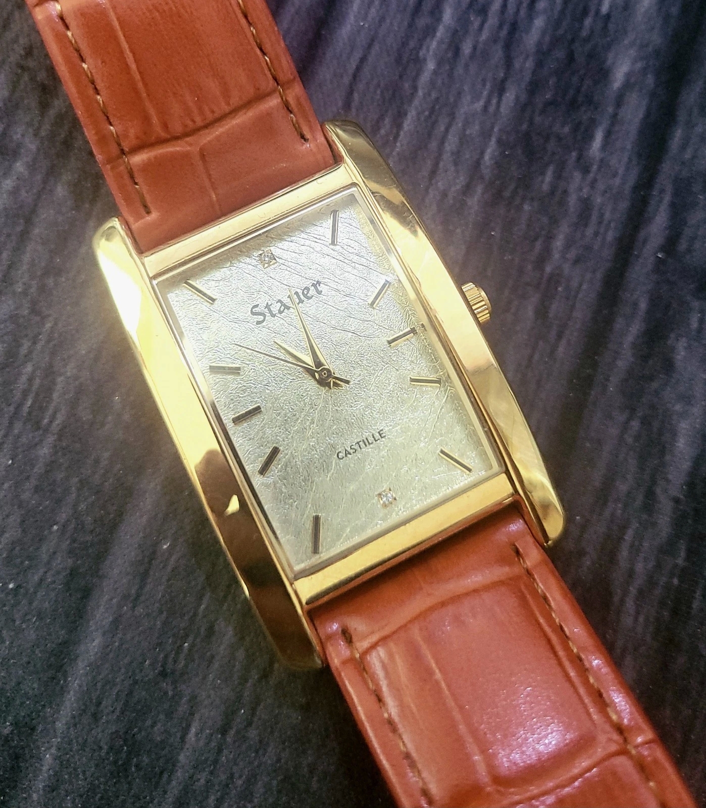 Rare Mens Stauer Gold Leaf Dial Tank Leather Dress Watch