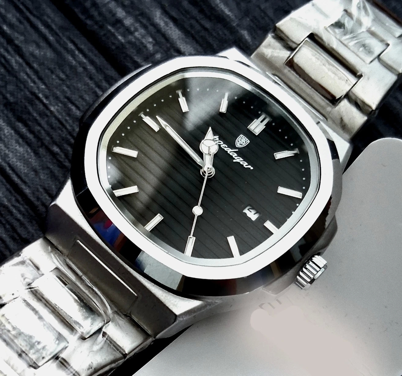 Vintage Poedagar Nautilis Black Guilloché Dial Mens Watch