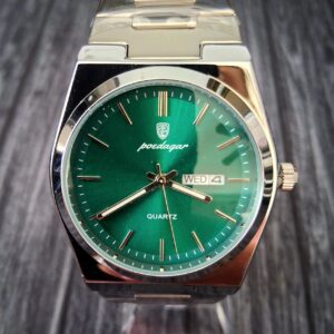 Vintage Swiss Design Green Burst Dial Day Date Mens Watch