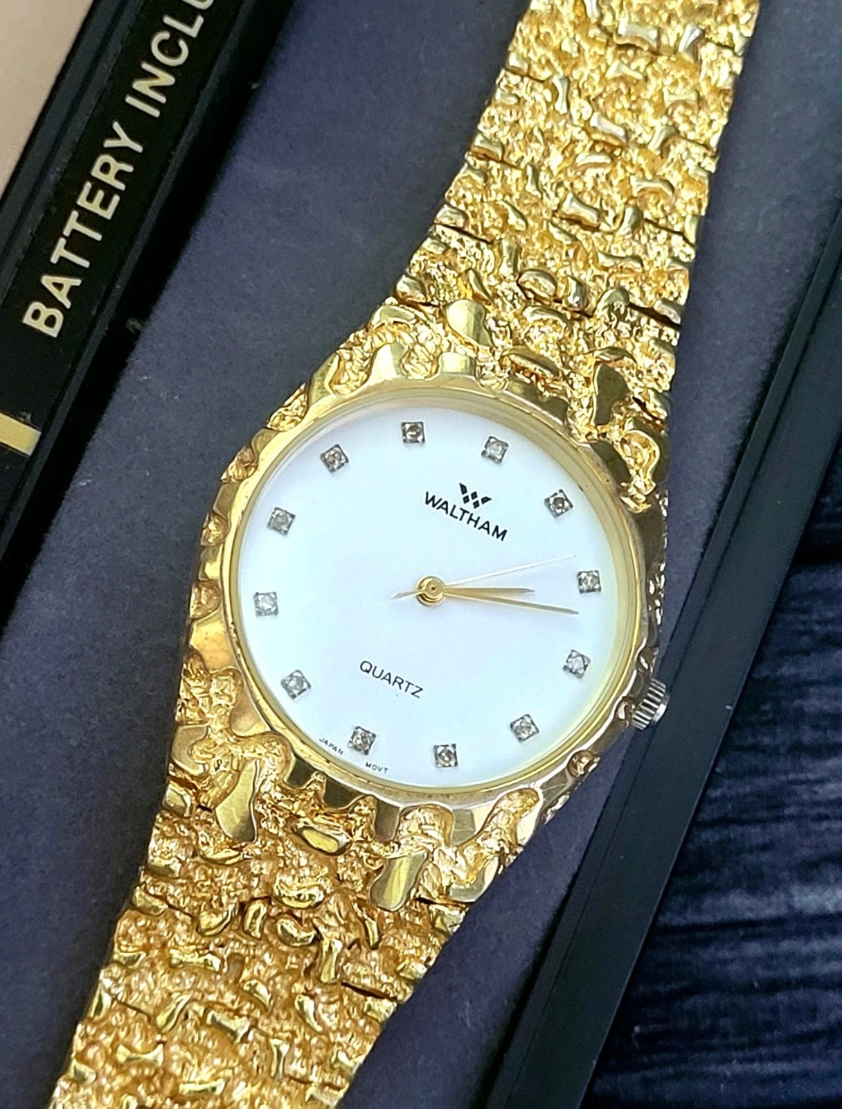 Vintage Waltham Diamond Dial Gold Nugget Watch Box & Papers