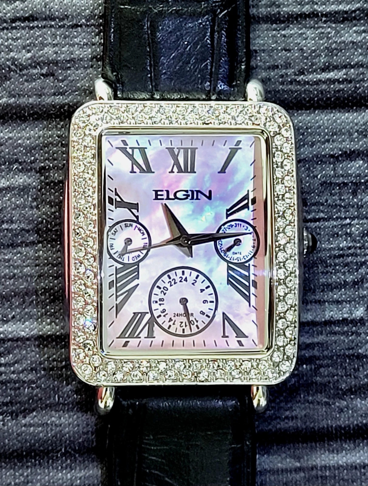 Rare Vintage Elgin Pink Abalone Dial Gem Bezel Dress Watch