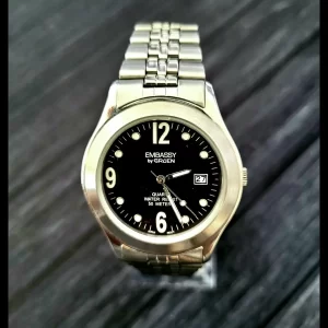 Vintage Embassy Gruen Watch Mens Stainless Black Enamel Dial