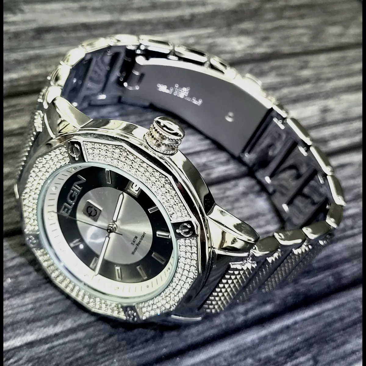 Rare Diamond Paved Bezel Mens Watch Elgin Authorized Dealer
