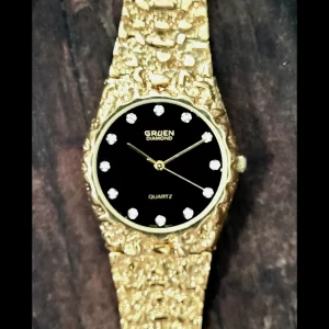 80s Vintage Retro Mens Gruen 12 Diamond Gold Nugget Watch
