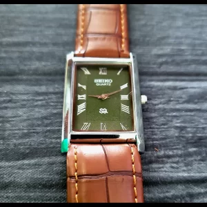 Rare Vintage Slim Tank Quartz Mans Slv Grn Brw Leather Watch