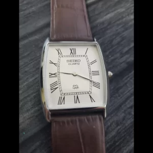 Vintage Slim Barrel Tank Mans Silver White Brown Leather Watch