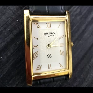 Seiko Men's Rectangular Tank Gold Case White Dial Dress Watch