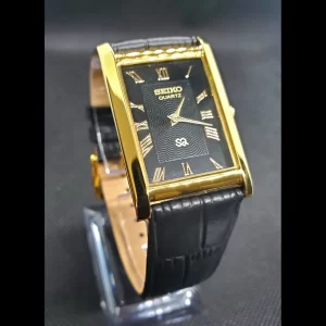Seiko Men's Rectangular Tank Gold Case Black Dial Dress Watch