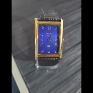 Rare Nos Seiko Men's Rectangular Tank Gorgeous Gold Case Black Dial Dress Watch